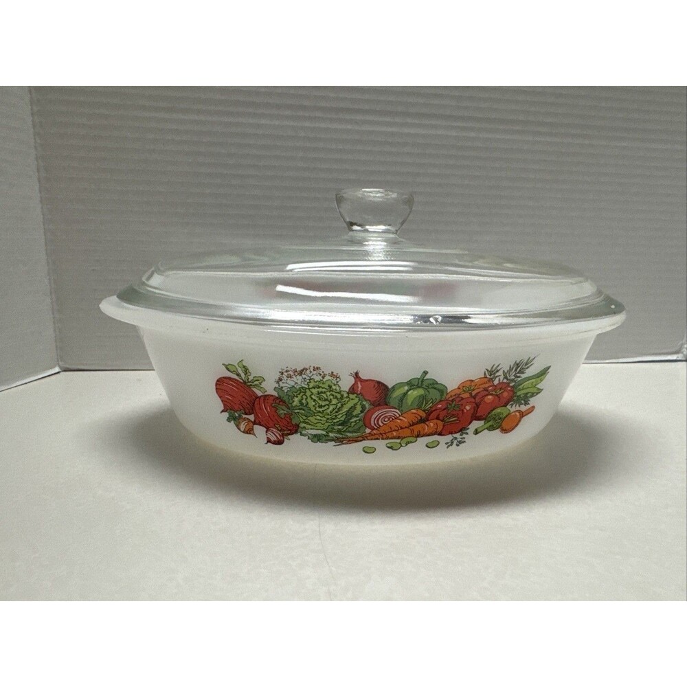 Vintage Glasbake Milk Glass Oval Vegetables Theme 1 qt Casserole Dish W/ Lid